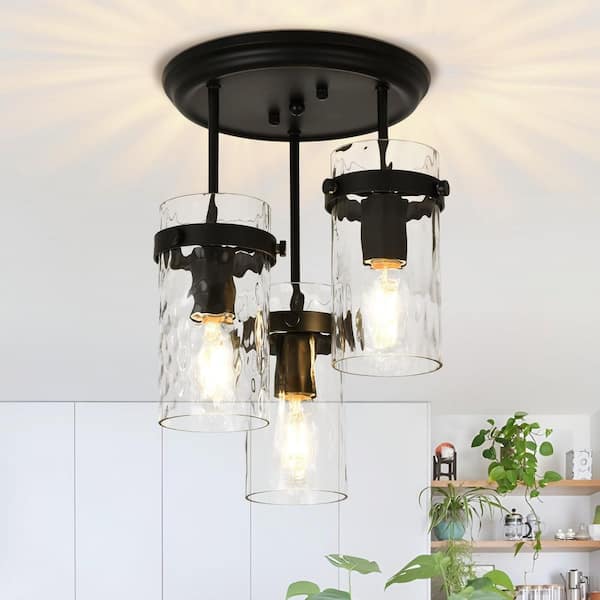 Henveton Essel 9.84 in. 3-Light Black Modern Semi-Flush Mount With Hammered Glass Shade and No Bulbs Included