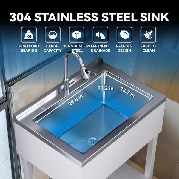 Adrinfly 20 in. D x 36 in. W Freestanding Stainless Steel Utility Sink in White with Faucet, Cold/Hot Water Hoses and Drain Kit