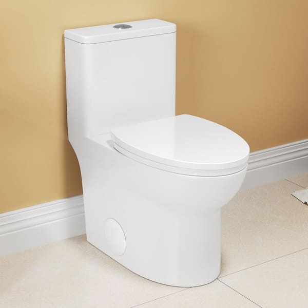 Dual Flush 1.1/1.6 GPF Elongated Floor Mounted One-Piece Toilet in Glossy White with Soft Close Seat