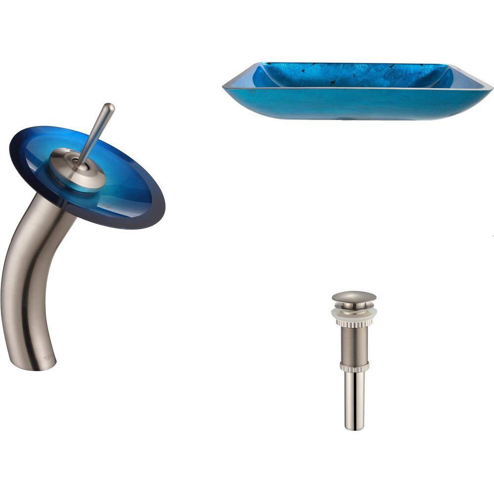 Fire Blue Glass Rectangular Vessel Sink with Satin Nickel Faucet
