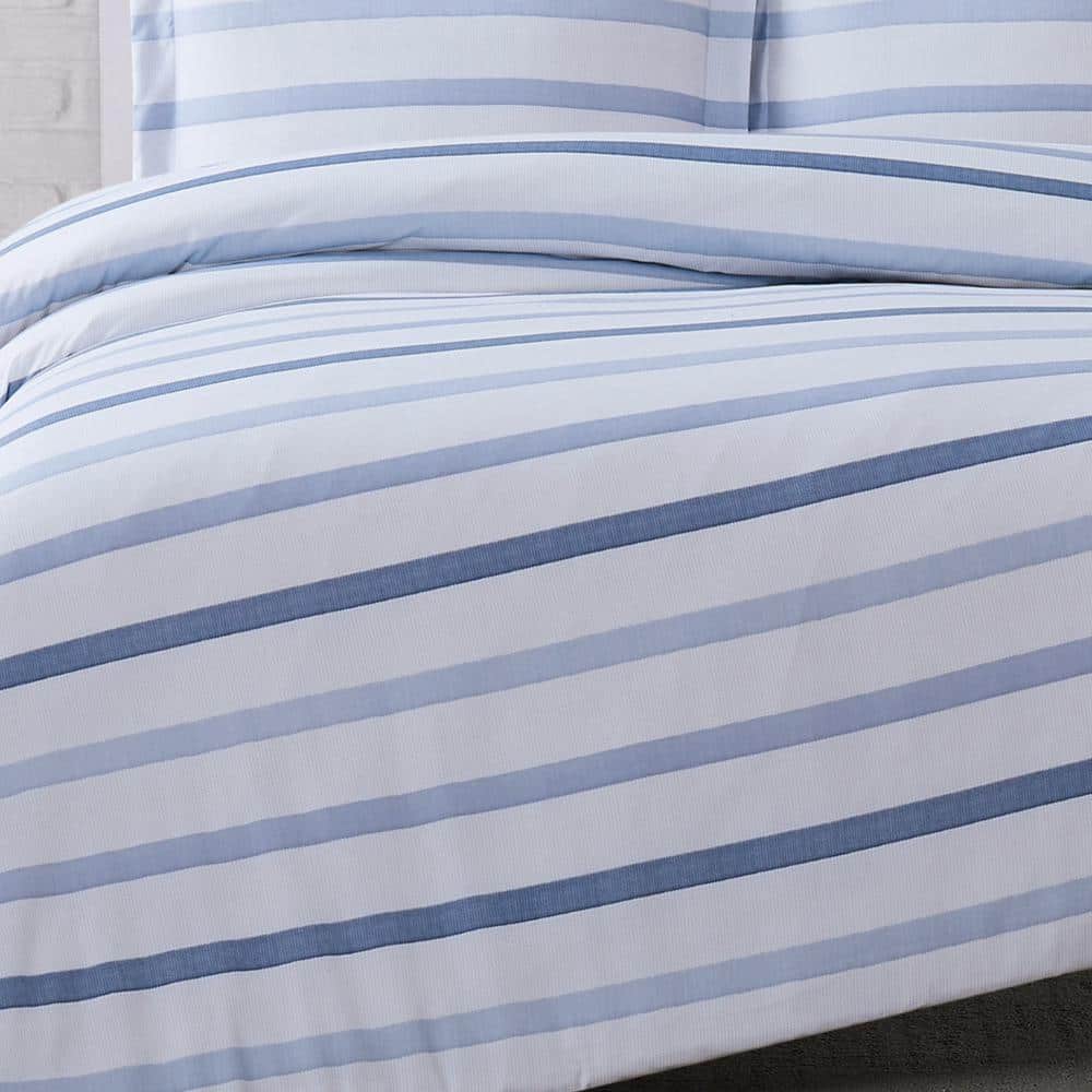 Twin XL Blue and White Waffle Stripe Duvet Cover Set