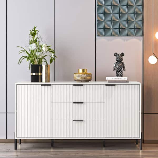 FESTIVO Modern Elegance Off-White 3-Drawers with 2-Adjustable Shelve Cabinet 58 in. Wild Dresser with Stylish Black Metal Handle