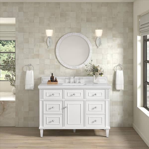 James Martin Vanities Lorelai 48.0 in. W x 23.5 in. D x 34.06 in. H Single Sink Bath Vanity in Bright White with Arctic Fall Solid Surface Top