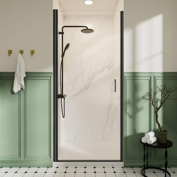 34 in. W x 72 in. H Pivot Framed Swing Shower Door in Single Panel in Black Finish with 1/4 in. Clear Tempered Glass