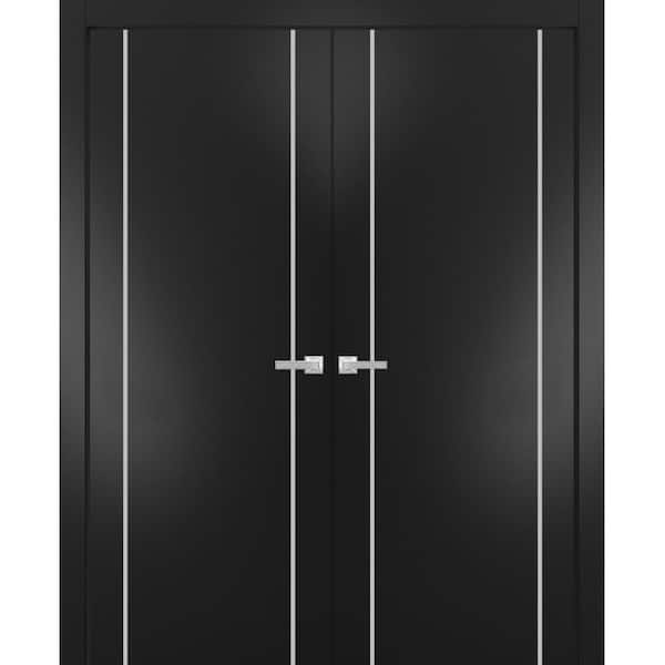 Sartodoors 64 in. x 96 in. 2-Panel Black Matte Finished Solid Wood with Honeycomb Sliding Door with Hardware