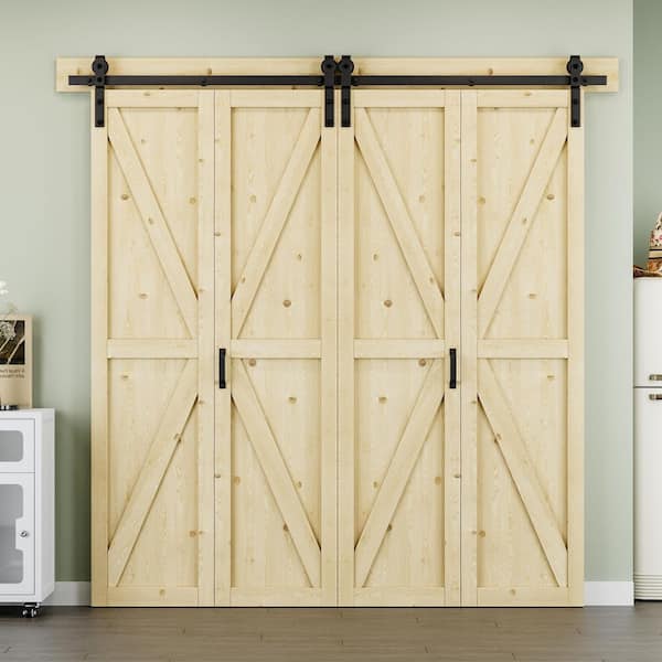 80 in. x 84 in. Paneled K Shape Solid Pine Wood Unfished Bi-fold Sliding Barn Door with Hardware Kit and Headerboard