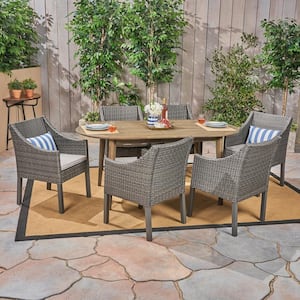 Stamford 7-Piece Wood and Faux Rattan Outdoor Dining Set with Silver Cushions