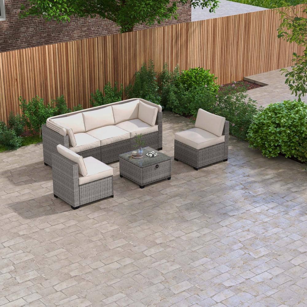 6 Pieces Wicker Patio Conversation Set with Retractable Canopy Outdoor Sect