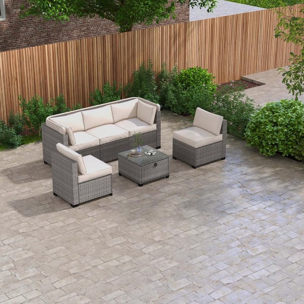 Unbranded 6 Pieces Wicker Patio Conversation Set with Retractable Canopy Outdoor Sectional Sofa Adjustable Backrest Beige Cushions