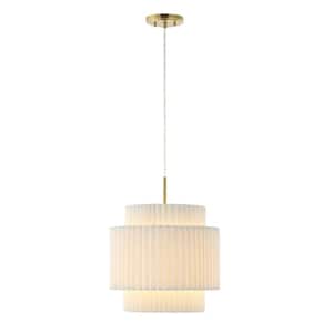 Boden 14.5 in. 40-Watt 1-Light Gold Vintage Mid-Century Iron LED Pendant Light with Pleated Shade, Brass Gold/White