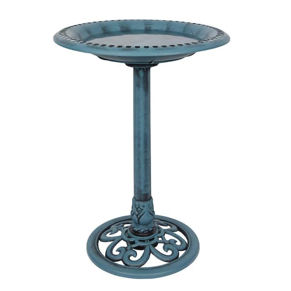 Blue Pedestal Birdbath with Scrollwork Base and Ground Stakes