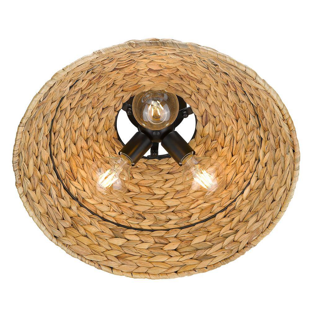 Matte Black and Woven Sweet Grass Semi-Flush Mount Light