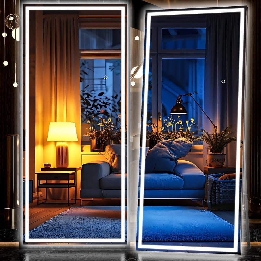 36 in. W x 79 in. H Square Black LED Lighted Floor Standing Mirror, Hanging