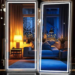 36 in. W x 79 in. H Square Black LED Lighted Floor Standing Mirror, Hanging Mounted Mirror, Dimmable, Tempered Glass