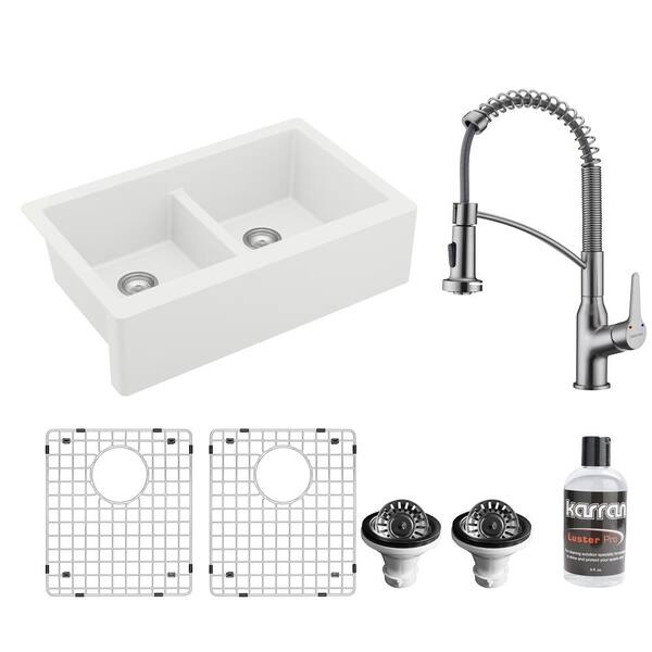 Karran Retrofit Farmhouse Apron Front Quartz Composite 34 in. Double Bowl Kitchen  Sink in Grey QAR-750-GR - The Home Depot