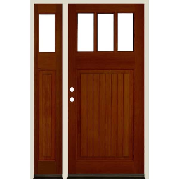 Krosswood Doors 50 in. x 80 in. Craftsman 3-Lite Clear Glass VG Red Chestnut Stain Right Hand Hemlock Wood Prehung Front Door w/LSL