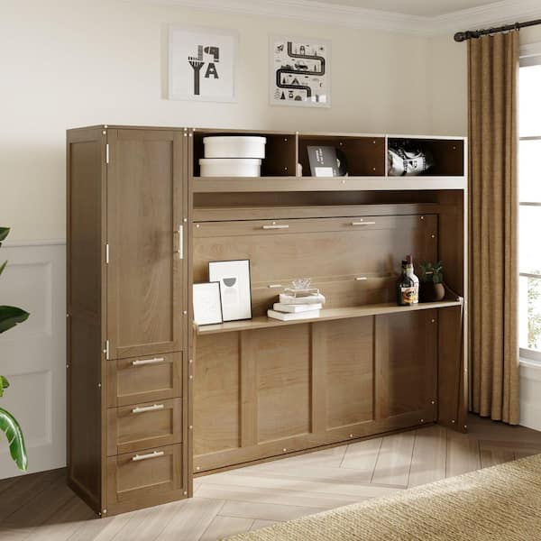Brown/Natural Wood Color Frame Full Size Murphy Bed with Wardrobe, Drawers and Open Shelves