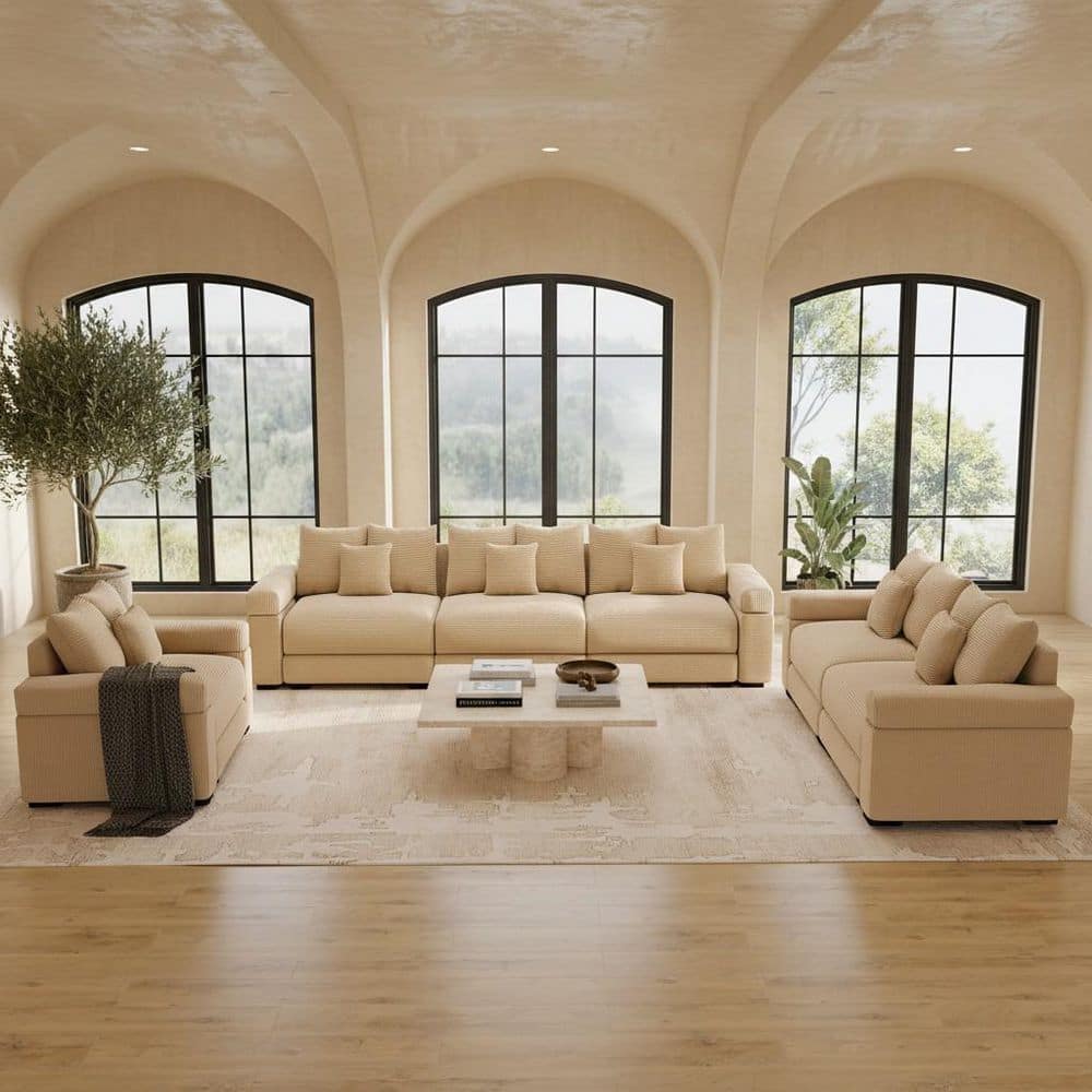 DDSMYS 129.9 in. 3-Piece Square Arm Corduroy Fabric Modular Sofa and Loveseat Set in Camel