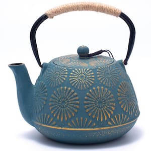 4-Cup Blue Cast Iron Tea Pot with Enameled Interior, 40 oz. Tea Kettle with Infuser for Stove Top