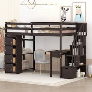 Espresso Twin Wooden Loft Bed with Shelves, 6-Drawers, Desk and Storage Staircases