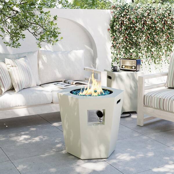 UPHA 24 in. 40,000 BTU Off-White Hexagon Concrete Outdoor Propane Gas Fire Pit Table with Propane Tank Cover