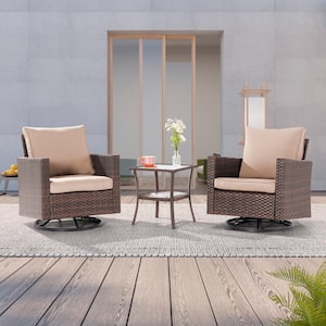 3-Piece Brown Wicker Patio Bistro Set Swivel Rocking Chairs with Side Table, Sand