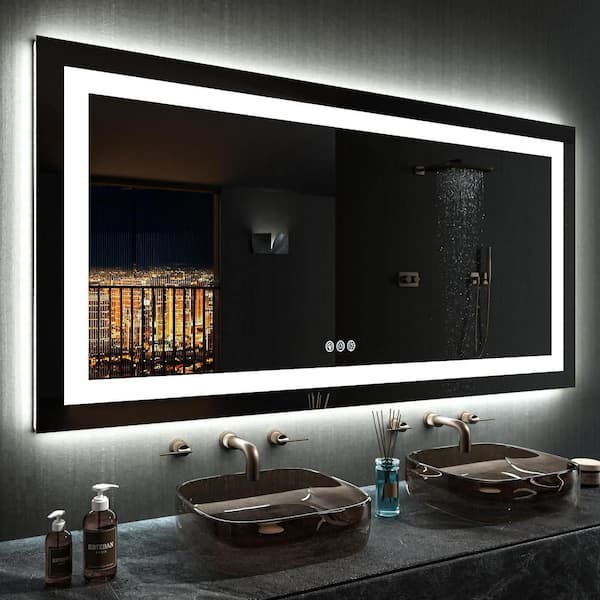 55 in. W x 30 in. H Rectangular Frameless LED Frontlit, RGB Backlit Anti-Fog Tempered Glass Wall Bathroom Vanity Mirror