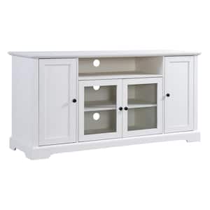 59.80 in. W White TV Stand Fits TV up to 65 in. with 2 Tempered Glass Doors Adjustable Panels Open Style Cabinet