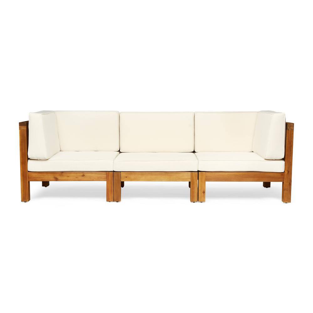 Noble House Brava Teak Brown 3-Piece Wood Outdoor Couch with Beige Cushions - 1