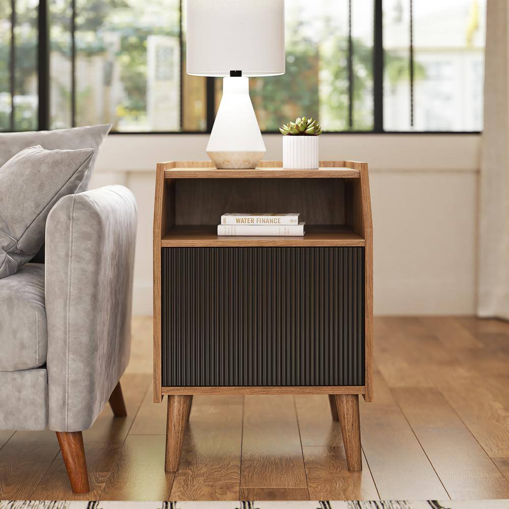 Walnut and Black Engineered Wood Mid-Century Modern End Table