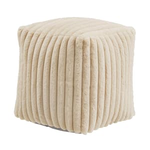 Taupe Channel Furry Fabric Upholstered Square Pouf Ottoman