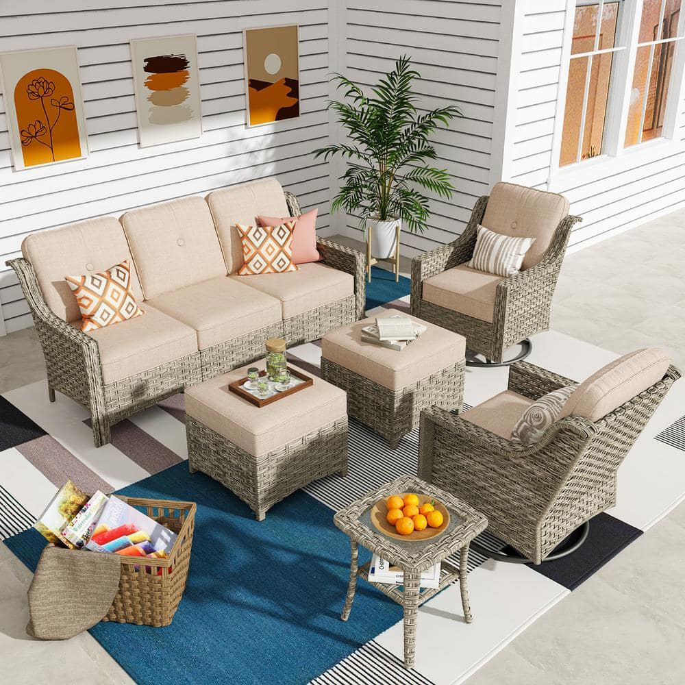 Leila 6-Piece Wicker Patio Conversation Seating Sofa Set with Beige Cushions and Swivel Rocking Chairs price history on PriceWatchPro