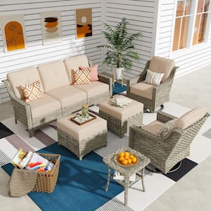 Leila 6-Piece Wicker Patio Conversation Seating Sofa Set with Beige Cushions and Swivel Rocking Chairs