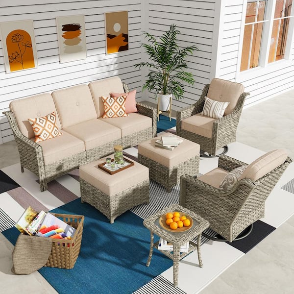 XIZZI Leila 6-Piece Wicker Patio Conversation Seating Sofa Set with Beige Cushions and Swivel Rocking Chairs