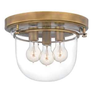 Whistling 13 in. 3-Light Weathered Brass Flush Mount