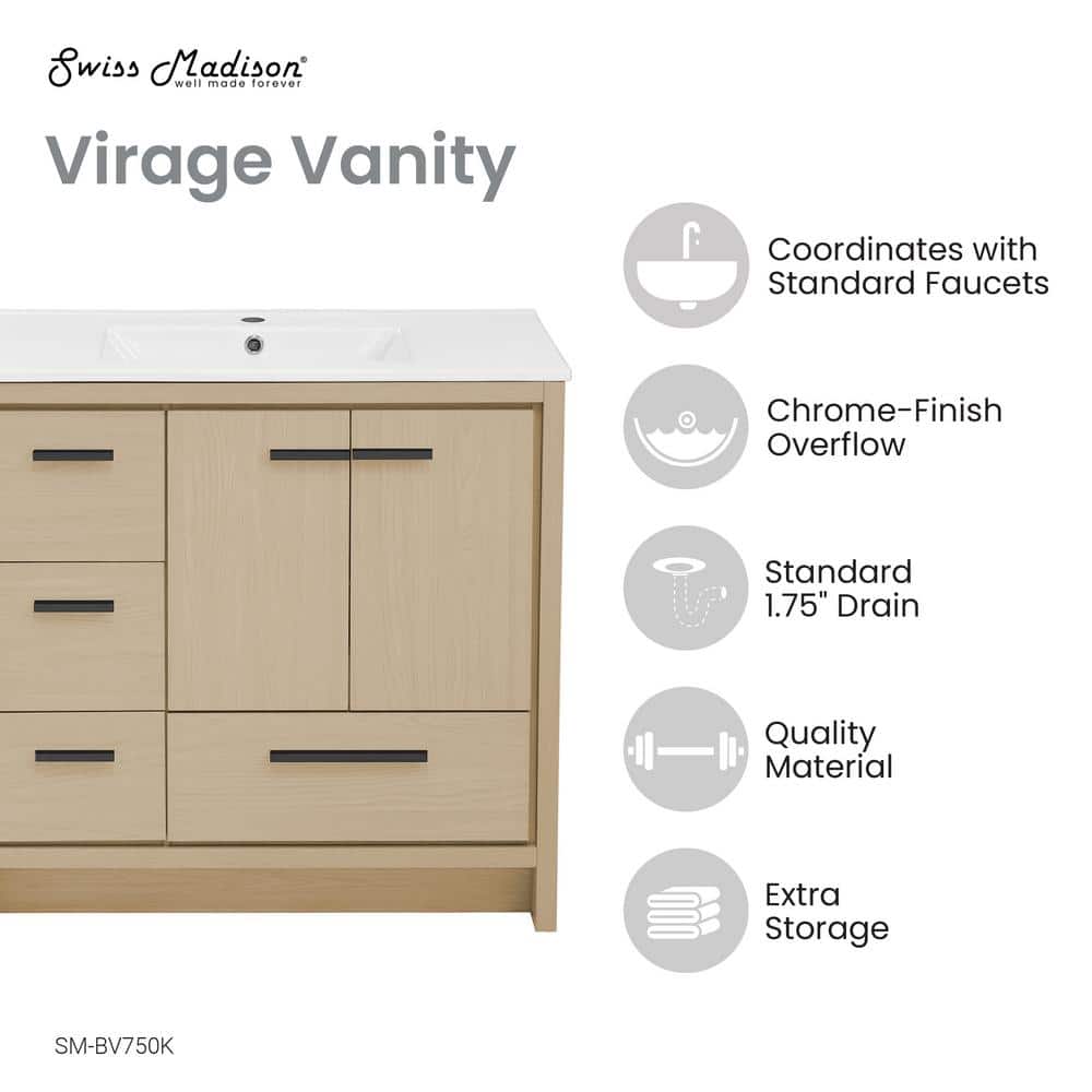 Virage 36" Light Oak MDF Freestanding Bathroom Vanity with Ceramic Top