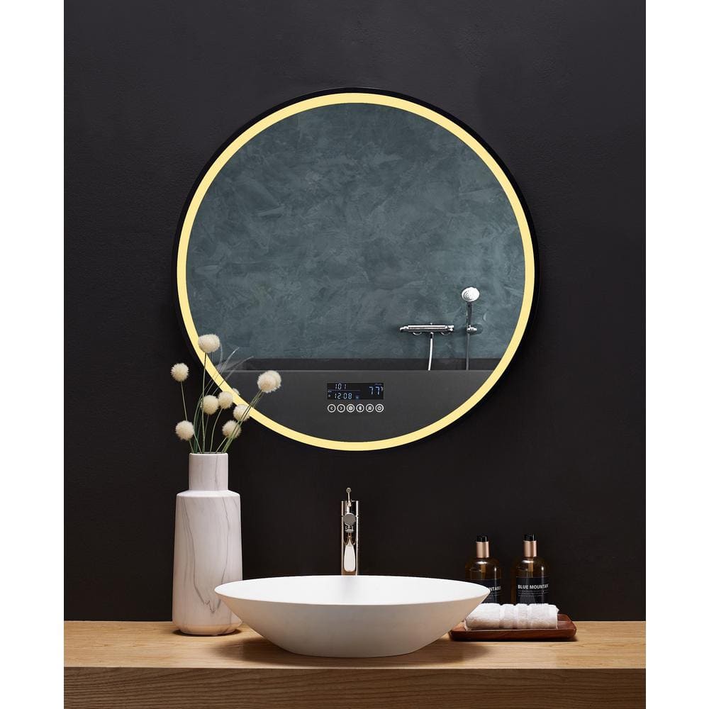 Round Black LED Bathroom Vanity Mirror with Bluetooth and Digital Display