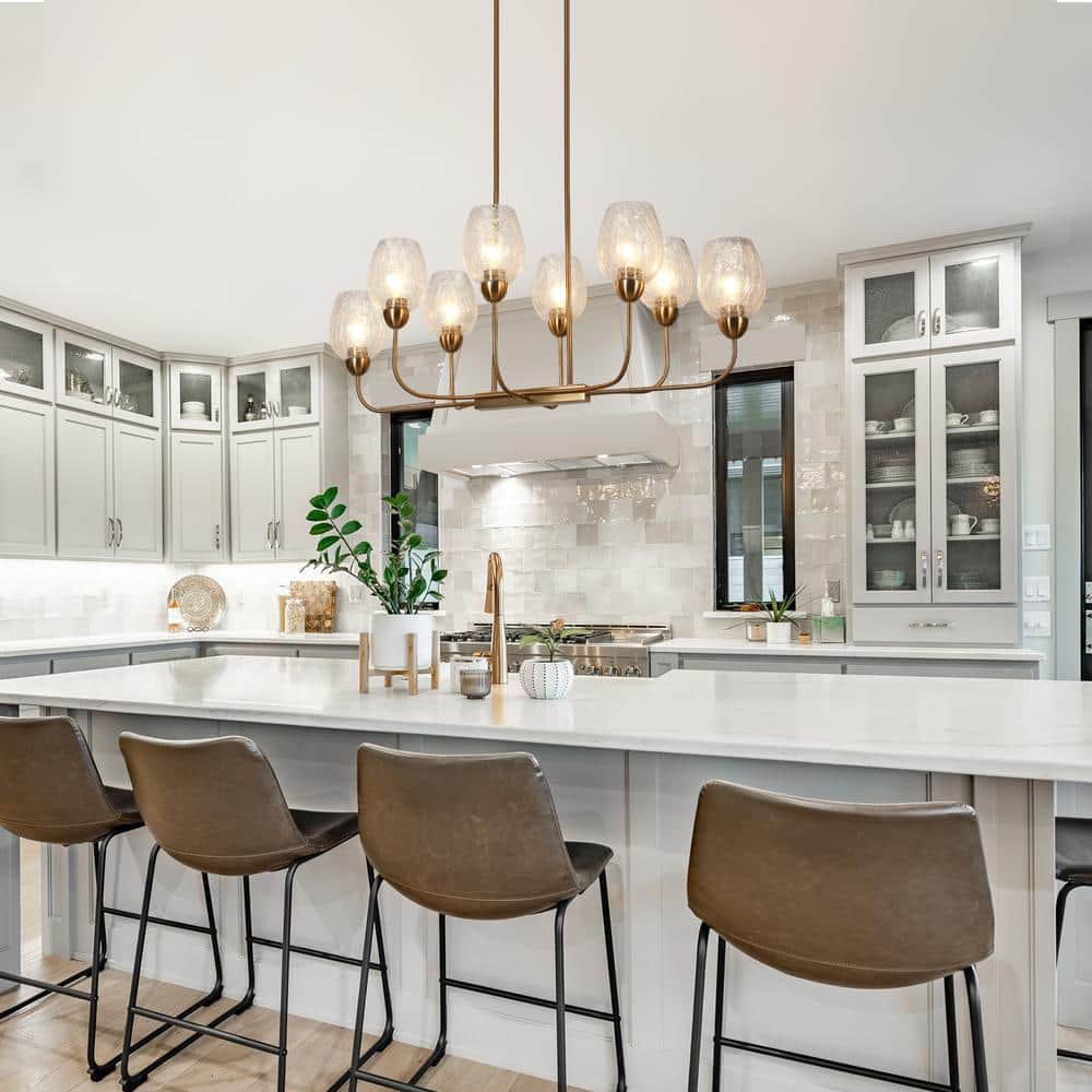 Gold Brass 8-Light Chandelier with Crackled Glass Shades