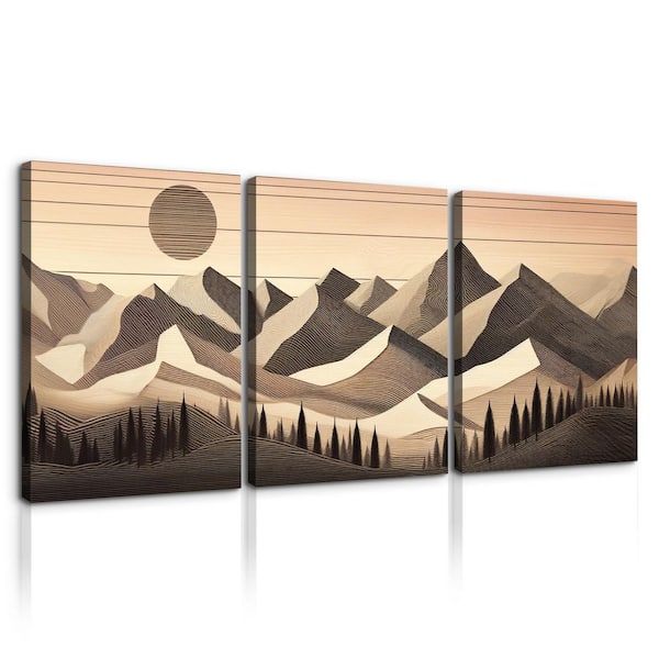 4.50 in. H x 32 in. W Brown Abstract by Wall Art Wood Grain Boho Style Mountain and Forest Canvas-3-Panels