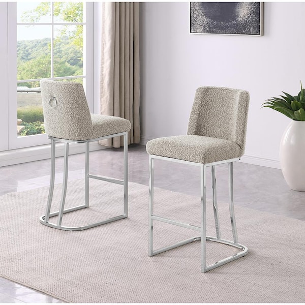 Best Quality Furniture Owen Grey Boucle Fabric Bar Stool (Set of 2) With Chrome Legs
