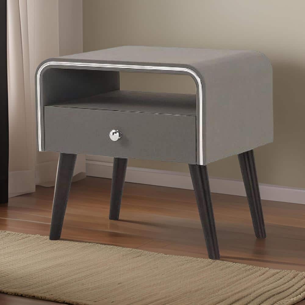 Gray and Brown Curved Edge 1 Drawer Nightstand with Chrome Trim