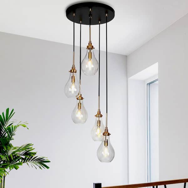 Uolfin Modern Dining Room Cluster Chandelier 5-Light Black and Brass Teardrop Chandelier with Clear Glass Shades