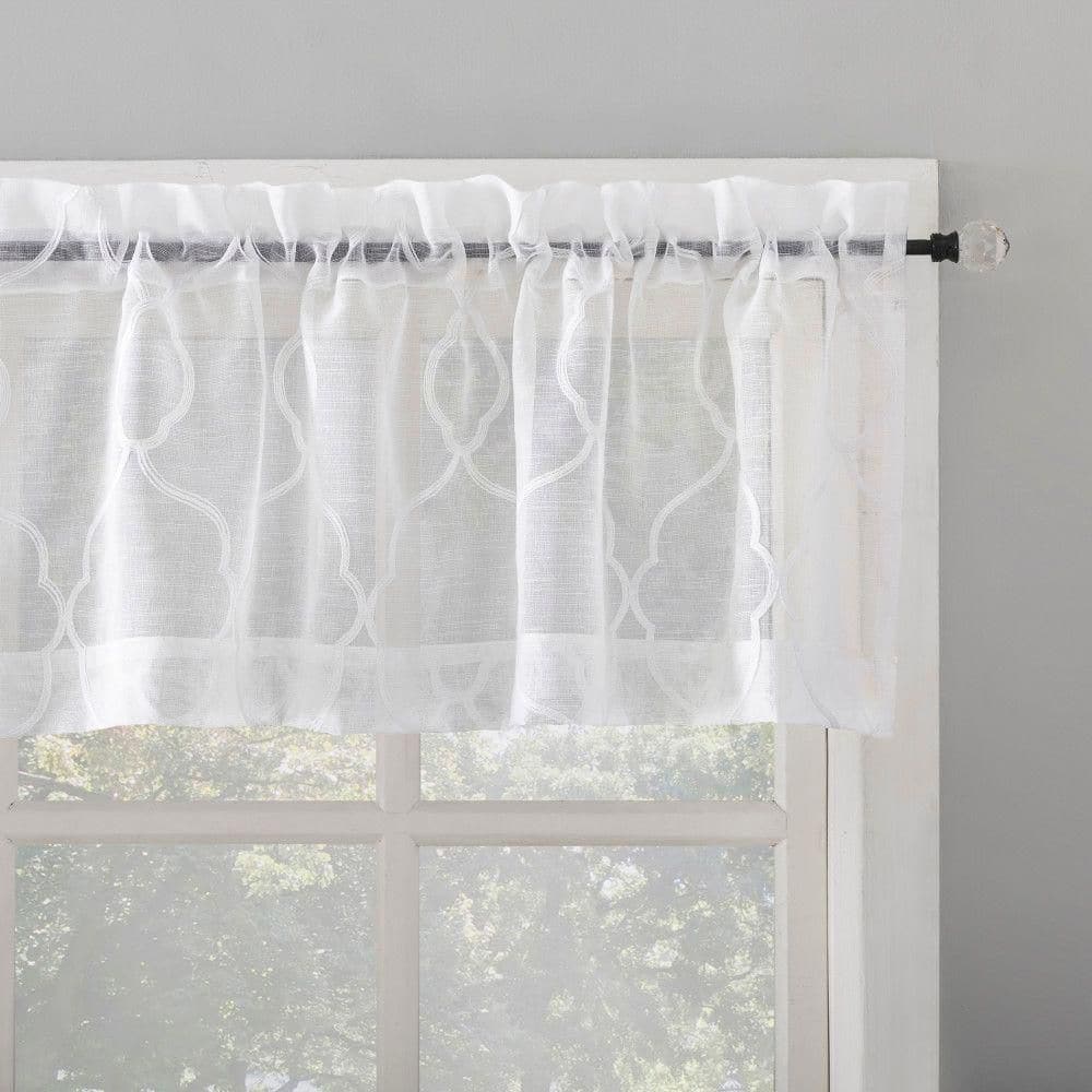 White Embroidered Trellis Light Filtering Kitchen Curtain Set
