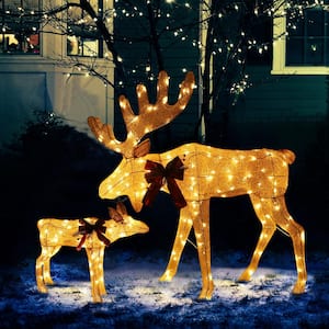 48 in. 2-Piece Gold Outdoor Moose Christmas Yard Decorations with White LED Lights