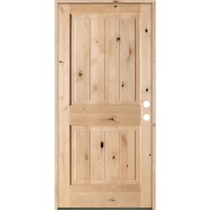 36 in. x 80 in. Rustic Square Top 2 Panel Left Hand Inswing Unfinished Knotty Alder V-Grooved Wood Prehung Front Door