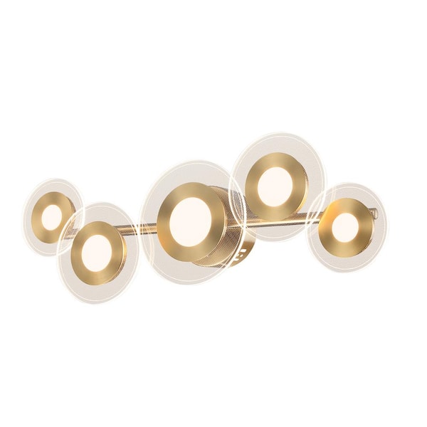 pasentel 24.5 in. 5-Light Integrated Gold Bathroom LED Vanity Light with Clear Seedy Acrylic Shades
