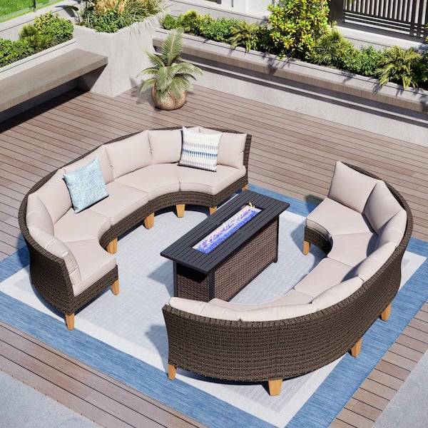 PHI VILLA Brown Rattan Wicker 10-Seat 11-Piece Steel Outdoor Fire Pit Patio Set with Beige Cushions and Rectangular Fire Pit Table