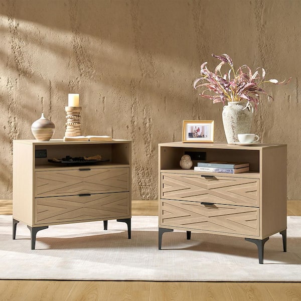 Ditma Oak 27 in. H Modern 2-Drawer Nightstand with Charging Port Set of 2