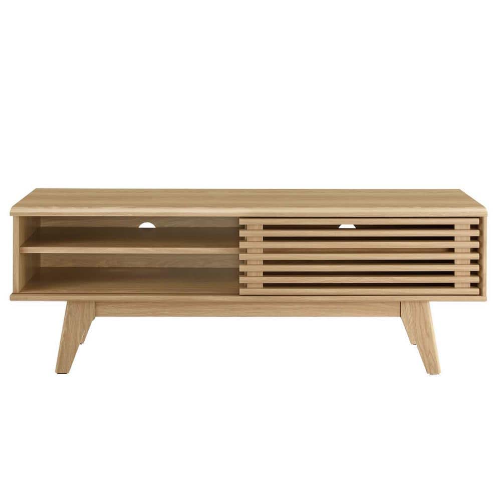 Modern Oak 48" TV Stand with Slatted Cabinet and Tapered Legs