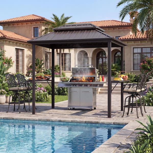 8 ft. x 6 ft. Outdoor Brown Double Canopy Hardtop Roof Aluminum Frame Gazebo with Shelves Serving Tables, for Patio BBQ
